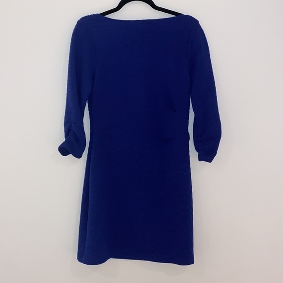 Royal blue midi dress 3/4 ruched sleeves dropped neckline Size Large - Picture 9 of 13